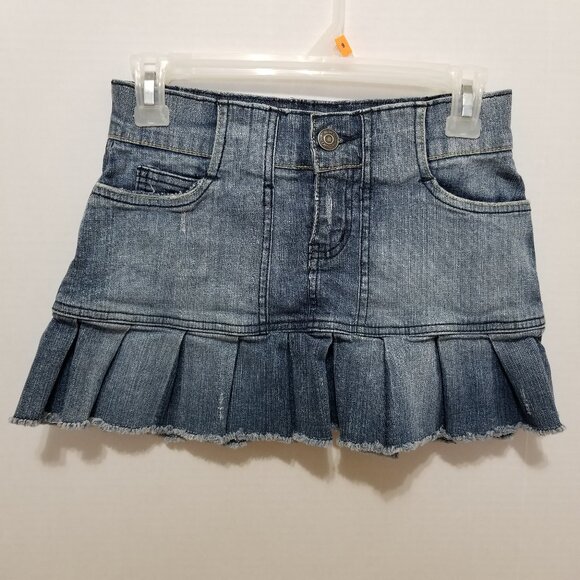 Hydraulic skirt 1/2 pleated denim jean mini frayed raw fringe hem distressed Y2K - Picture 1 of 13